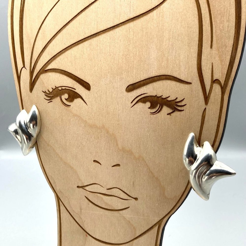 Vintage Sterling Silver Puffy Taxco Earrings, Abstract Modernist Design Clip Ons - Picture 5 of 6